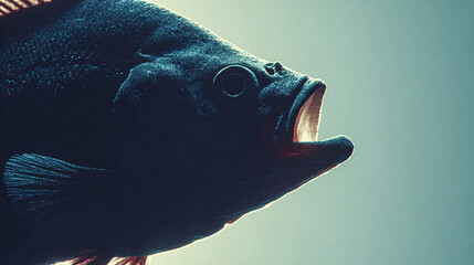 Fish Opens Mouth Wide in Dark Blue. Conceptual image ideal for editorial, web design, aquariums and zoos.