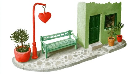 Cute tea cafe front, chalk color, white background, Charming street scene with a heart-shaped lamp and colorful plants, in green and orange brick setting