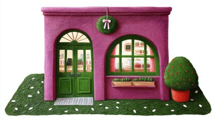 Cute tea cafe front, chalk color, white background, Charming illustrated building with arched windows and a potted plant, in green and orange brick setting