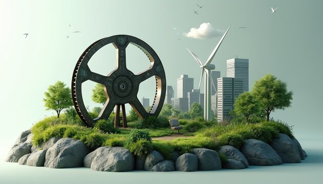 3D rendered film reel integrates with eco-friendly cityscape. Film reel with nature elements symbolizes sustainable future. Wind turbines, trees, city buildings represent green entertainment concept.