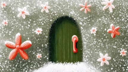 Cute tea cafe front, chalk color, white background, A whimsical door surrounded by flowers on a textured background, in green and orange brick setting