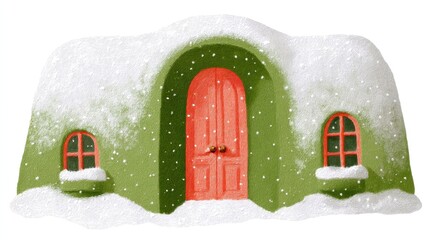 Cute tea cafe front, chalk color, white background, Whimsical snow-covered cottage with a red door and windows, in green and orange brick setting