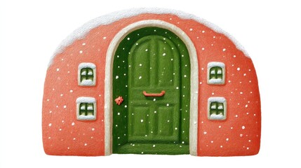 Cute tea cafe front, chalk color, white background, Whimsical round house with green door and decorative windows, in green and orange brick setting