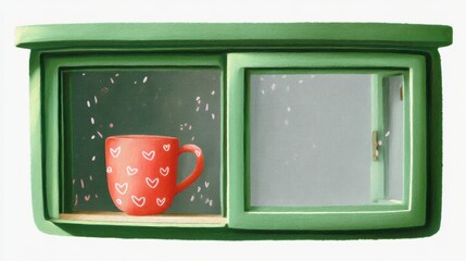 Cute tea cafe front, chalk color, white background, Cozy window with a heart-patterned mug in the rain, in green and orange brick setting