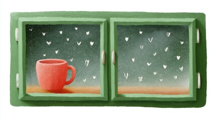 Cute tea cafe front, chalk color, white background, Cozy window view with a cup and falling snowflakes, in green and orange brick setting