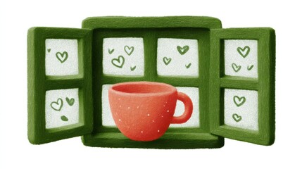 Cute tea cafe front, chalk color, white background, Cozy cup of coffee with heart designs in an open window, in green and orange brick setting