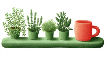 Cute tea cafe front, chalk color, white background, Four potted plants with a red cup on a green base, in green and orange brick setting