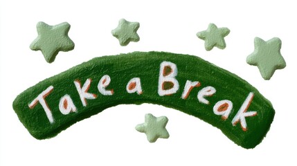 Cute tea cafe front, chalk color, white background, Take a break sign with stars and a green background, in green and orange brick setting