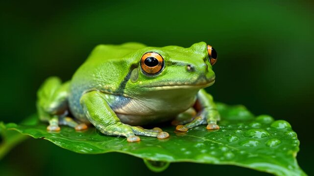 Green frog sits calmly on a glossy leaf, showcasing its striking color and textures. Close-up in lush green environment with droplets of water