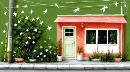 Cute tea cafe front, chalk color, white background, Charming house with green walls and decorative plants outside, in green and orange brick setting