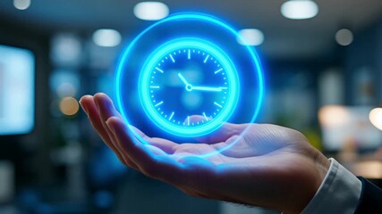 Time management concept with a clock hologram floating over a persons hand - Powered by Adobe