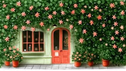 Cute tea cafe front, chalk color, white background, Charming green facade adorned with flowers and a welcoming door, in green and orange brick setting