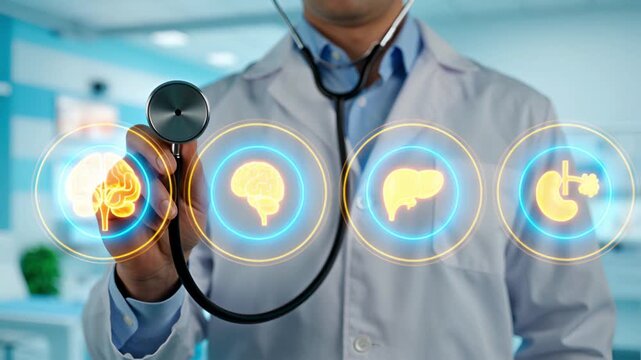 Doctor holding stethoscope with human organ icons for medical diagnosis and treatment