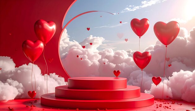 A romantic red scene features heart balloons floating near a stage against a backdrop of clouds and a sunlit sky