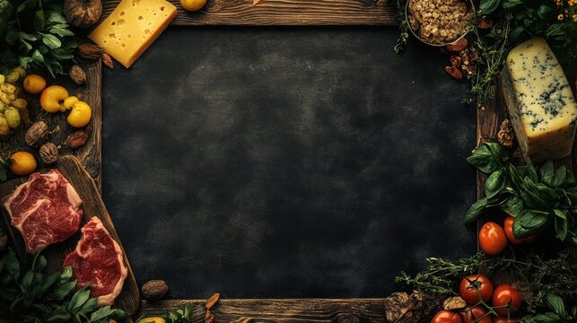 Food items frame a black board on wood, ready for a menu or recipe display
