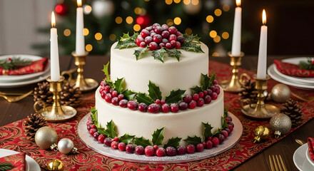 Festive Holiday Cake: Berries, Holly & Candles