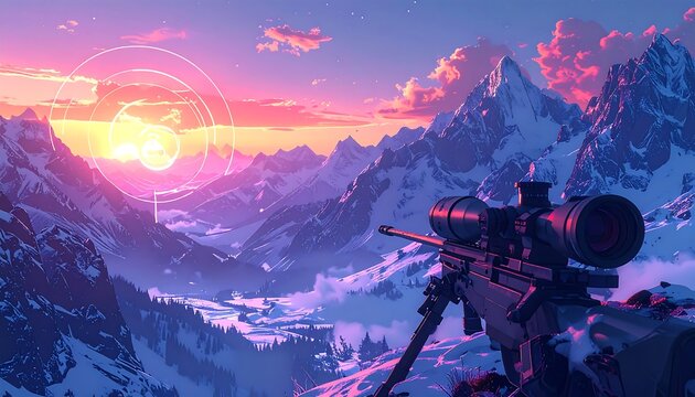 A sniper rifle's scope targets a mountain range at dusk, illuminated by a warm sunset. Snow covers the peaks and valleys. Digital art style