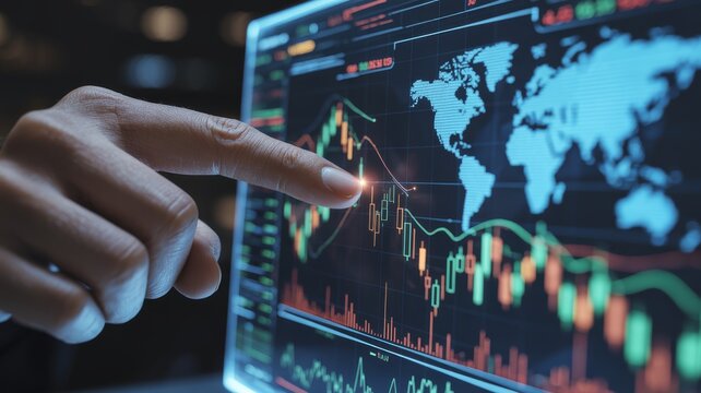 Graphs and world financial markets data. Investor pointing at the candlestick chart. futuristic, holographic financial data screen. screen displays a complex stock market chart