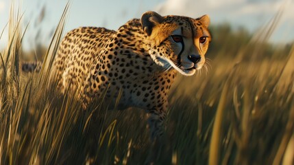 Cheetah walks in tall grass with another one in the background, for nature or wildlife use