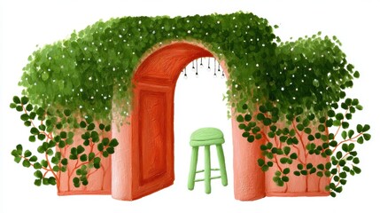 Fototapeta premium Cute tea cafe front, chalk color, white background, Garden archway adorned with lush greenery and a green stool, in green and orange brick setting