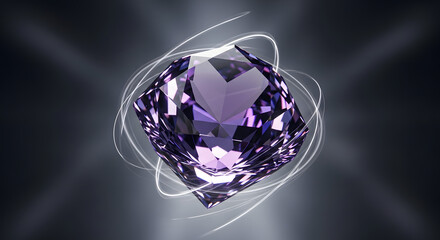 Sparkling purple gemstone rotates with luminous streaks on dark background.