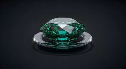 Large faceted green gemstone rests on polished silver ring.