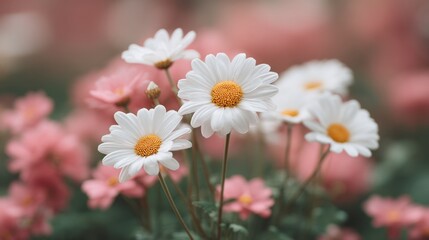Fototapeta premium Beautiful white daisies blooming among pink flowers in a serene garden setting, capturing the essence of nature's vibrant colors and harmony.