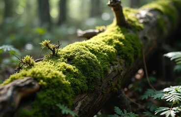 Close up of moss covered log in forest setting. Old tree branch with green moss. Sunlight filters through the trees. Woodland background natural environment.