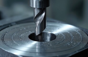 Close up shot of drilling process. Drill bit entering metal surface. Metalworking or mechanical work. Machinery production in factory, industrial engineering concept.