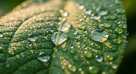 Close up of dew drops on a green leaf in morning light