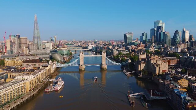 London Skyline Aerial Cityscape Flythrough Over River Thames Towards Tower Bridge