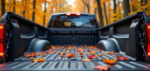 Pickup truck bed with autumn leaves. Empty cargo area of the vehicle at the forest background. Modern truck design. Fall season concept. Automotive background for advertisement or illustration.