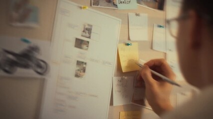 A person is engaged in a brainstorming session, writing on sticky notes while surrounded by photos and notes pinned to a wall. The focus is on creativity and organization in an inspiring workspace
