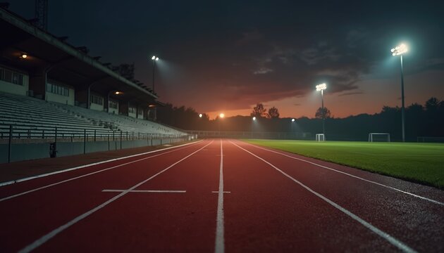 Empty red running track with white lines curves into distance at big stadium. Bright stadium lights illuminate path in evening. Green grass soccer field next to track. Grandstands await new