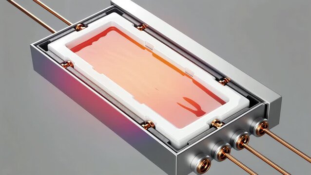 Cross-section animation of a molten-salt battery cell operating at 700&deg;C, showing a glowing orange sodium pool and infrared heat radiation, next-generation thermal energy storage technology