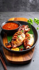 Grilled seafood dish with sauce, served on a plate with garnish