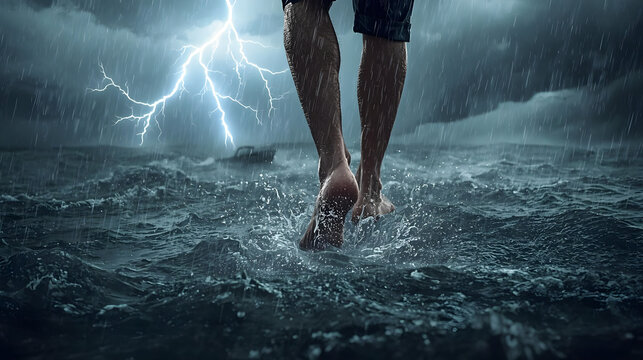 Jesus Christ walking on water to meet his disciple on the boat during a thunder lightning stormy sea 