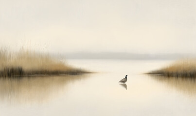Serene bird on calm water soft lighting tranquil nature scene