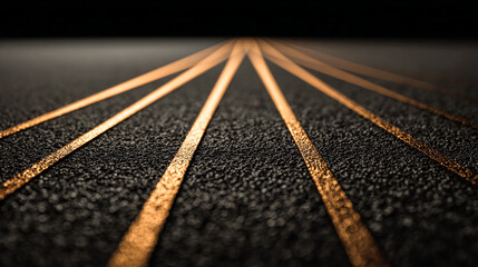 Gold lines converge on asphalt surface. Abstract, dark background for marketing, design and web usage. Illustrates paths, future, aspiration.