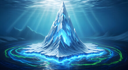 Ethereal ice mountain glows with blue light in underwater abyss.