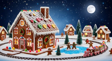 Gingerbread Village Christmas Night Wonderland Scene