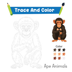 Trace And Color Ape Animals Hand Practice. Vector illustration