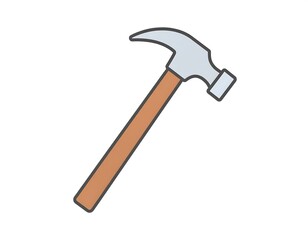 A simple, cartoon-style illustration of a hammer, depicted with a wooden handle and a gray metal head
