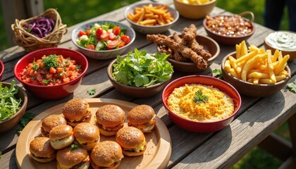 A picnic table displays diverse delicious dishes. Burgers salads fries and various snacks are arranged. Food setting outdoor setting. Perfect for a casual gathering or outdoor meal.