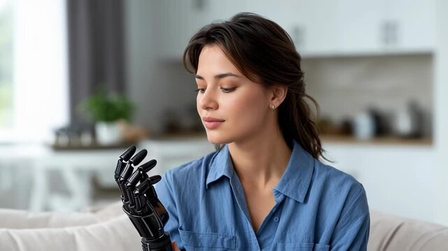 A woman experiences her advanced robotic hand in a comfortable living room, reflecting on its capabilities and her new reality