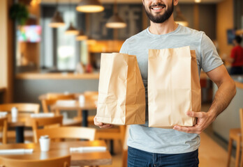 Obraz premium Man holding two craft delivery paper bags mockup, ai generated