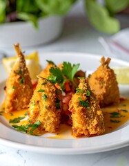 Golden-fried seafood, plated with sauce and garnished with parsley