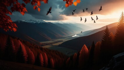 Majestic mountain landscape with birds soaring in the sky.