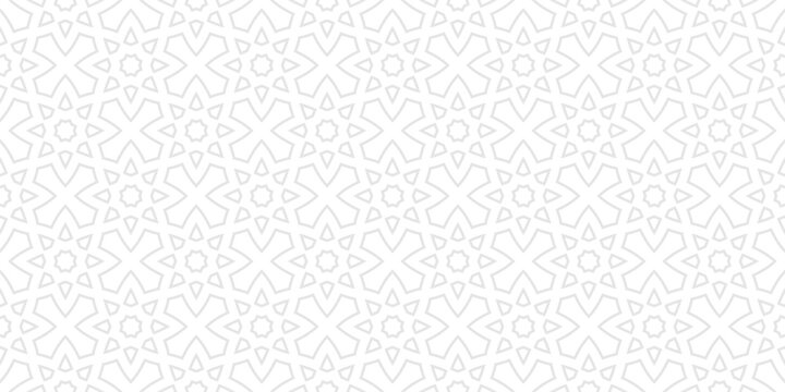 Minimal islamic geometric subtle seamless pattern with arabesque star and floral motifs. Gray background texture with oriental ethnic linear grid ornament design. Repeated wallpaper for fabric, decor