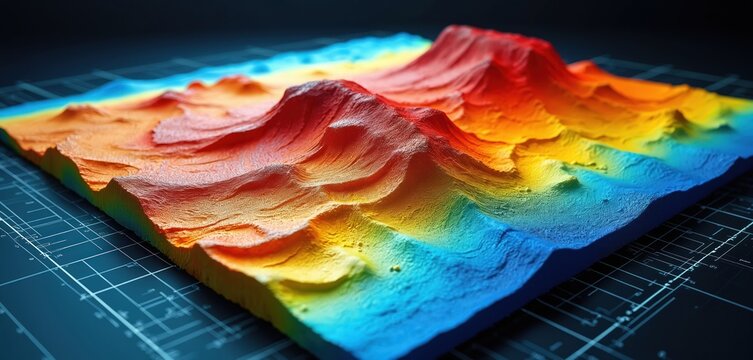 3D terrain rendering displays subsurface data visualization. Heatmap colors show geological survey results. Model represents topography with digital elevation map. Simulation of landscape explores